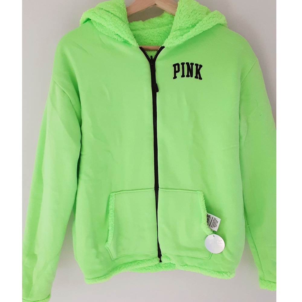 NWT VS PINK Green Sherpa Fleece Reversible Hoodie